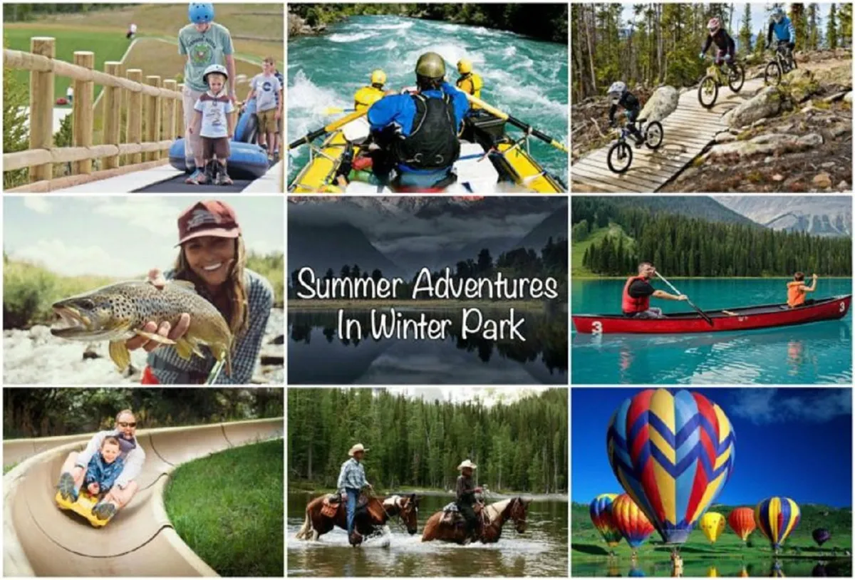 A lively and colorful outdoor scene featuring people partaking in a wide variety of adventure activities such as white-water rafting, mountain biking, kayaking, horseback riding, tubing, and sliding down a water slide. The image bursts with vibrant landscapes and shows both families and groups enjoying active pursuits under clear skies, with colorful hot air balloons accenting the festive, adventurous atmosphere.