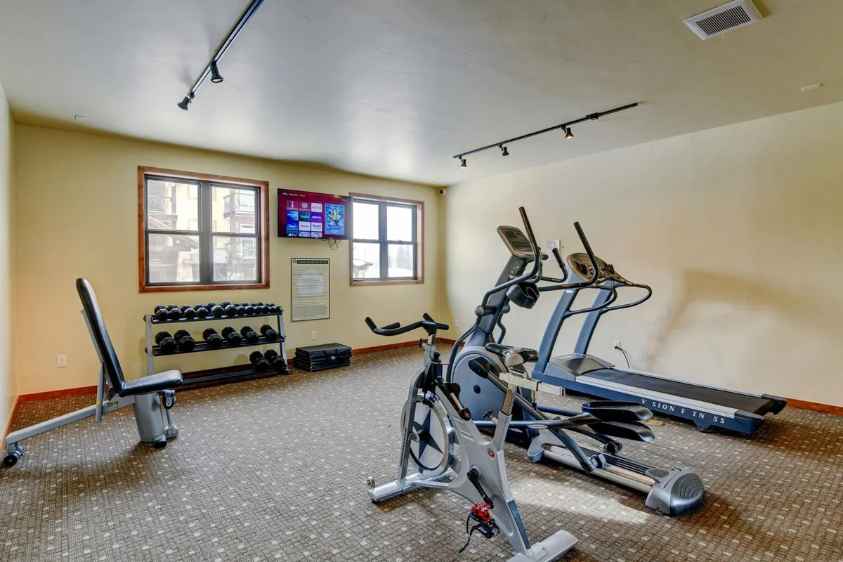 A modern gym with various exercise equipment, large windows for natural light, and a television. The space feels open and energizing, perfect for personal fitness routines or group workouts.