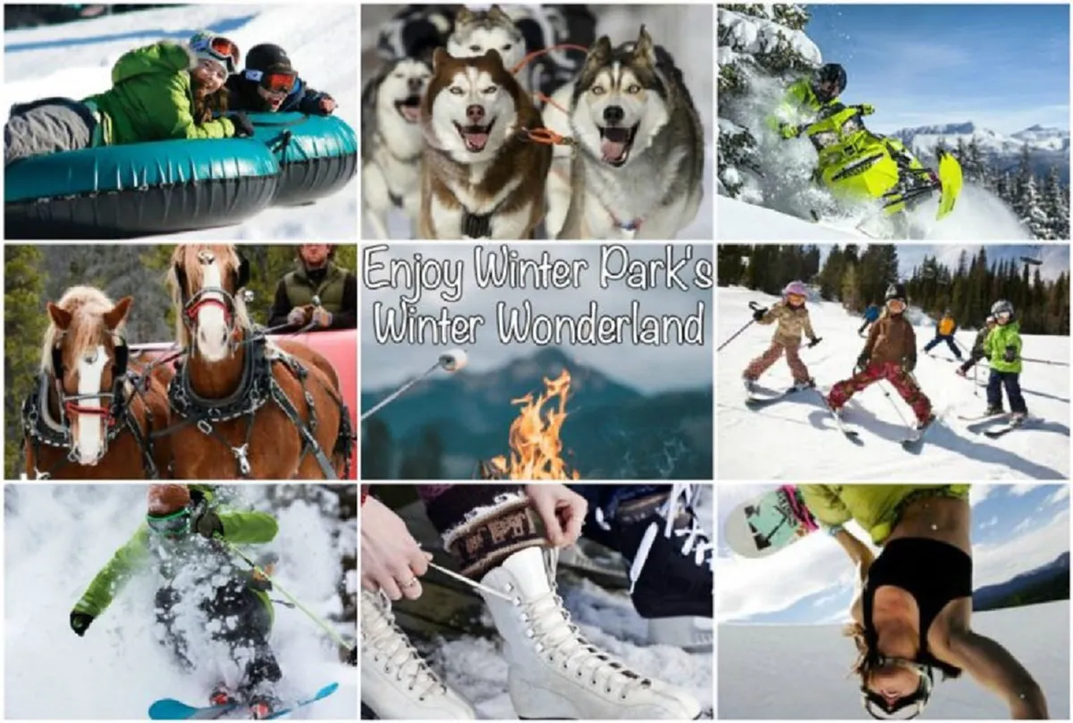 A montage of winter fun, with scenes of people snow tubing, dog sledding, snowmobiling, skiing, snowboarding, and ice skating. The image includes happy families, children, and groups enjoying snowy landscapes, along with cozy touches like a fire and huskies, amplifying the sense of shared winter excitement and warmth.