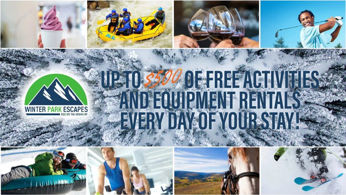 A vibrant interior collage showcasing guests participating in a range of adventurous activities: white-water rafting, wine tasting, golfing, skiing, snow tubing, horseback riding, and enjoying ice cream. The setting conveys energy and fun, with active individuals and families immersing themselves in both summer and winter experiences.